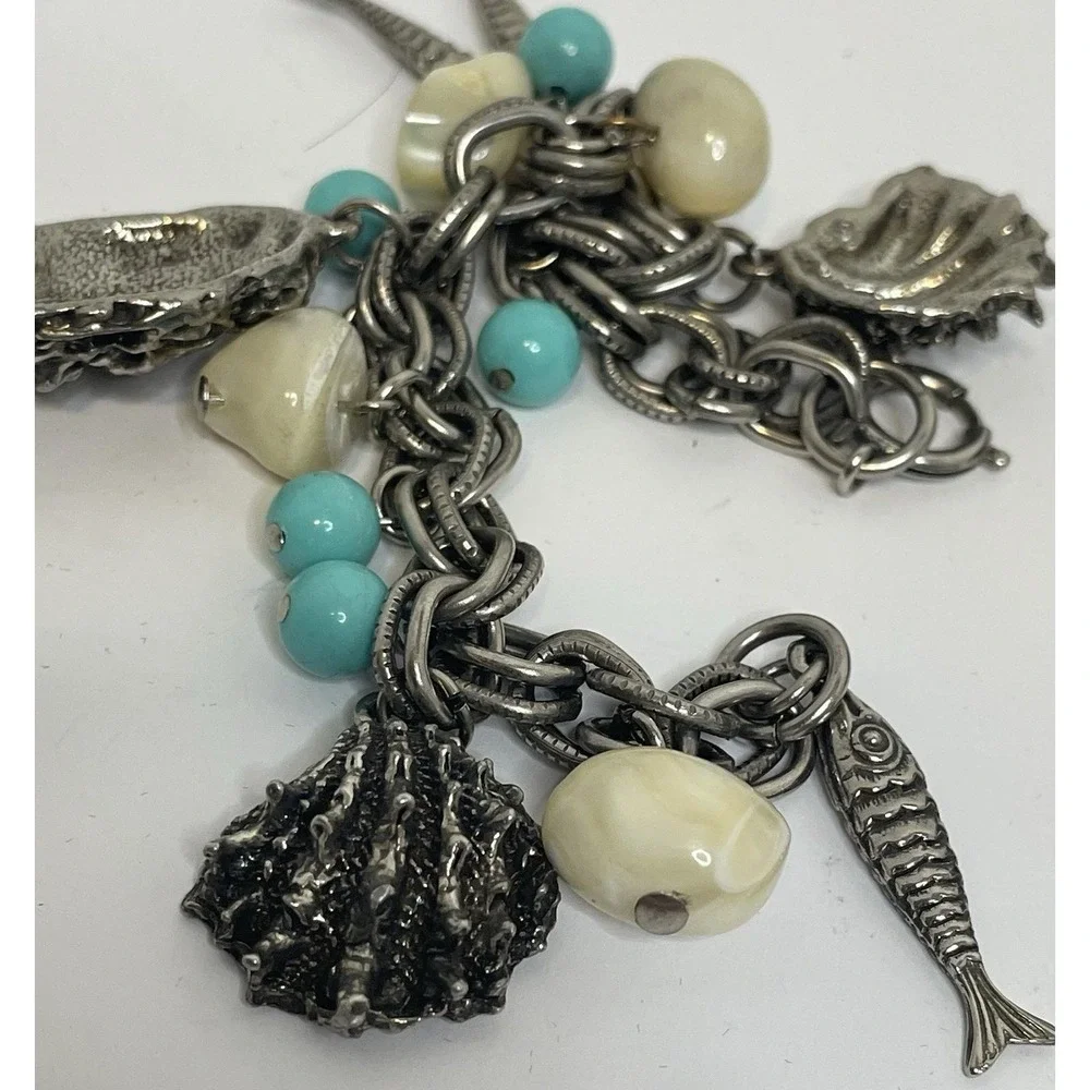Vtg. German Seashell Charm Bracelet Silver Tone 7